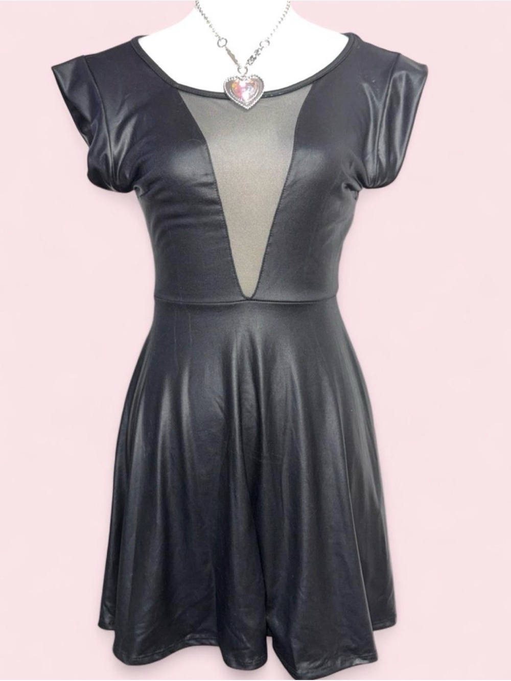 Auditions Black Faux Leather Midi Dress with Mesh Inset